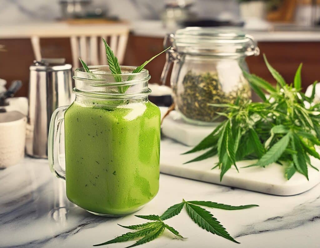 a green smoothie in a glass jar with green leaves on a marble counter